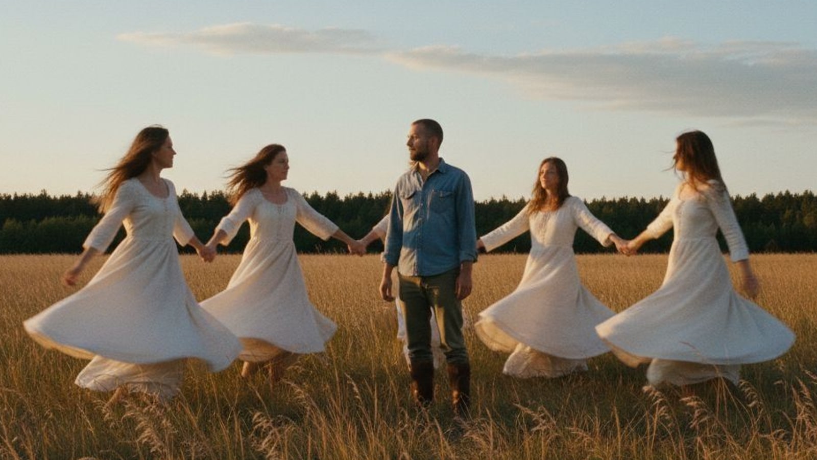 Four women in white dresses circle a man in a field, holding hands