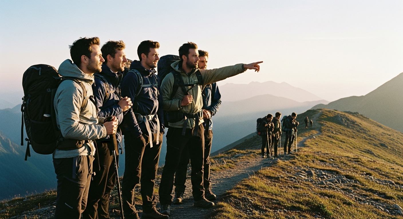 A group of men on a mountain ridge, one of them pointing toward the horizon