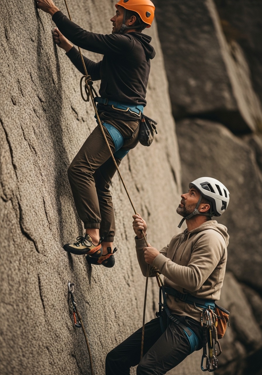 Two climbers on a rock face, one belaying the other