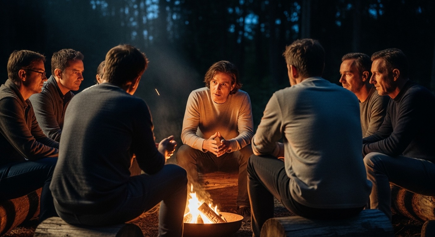 Men sitting in a circle around a campfire in the evening