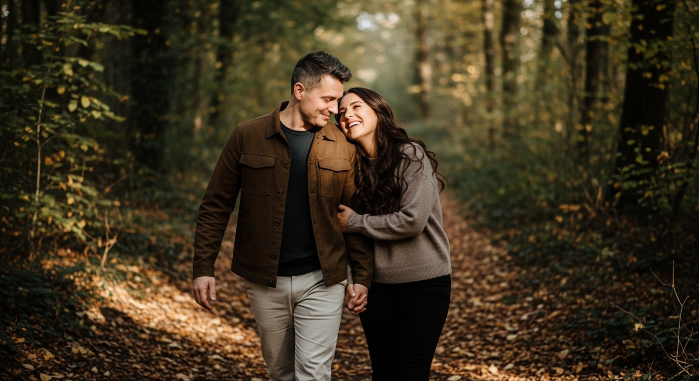 A couple walking together on a forest path in autumn