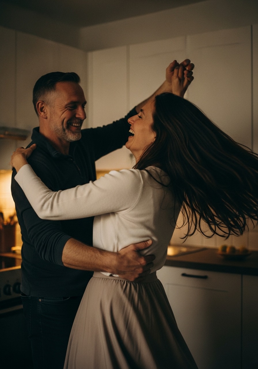 A woman embraces a man from behind, her hands on his chest