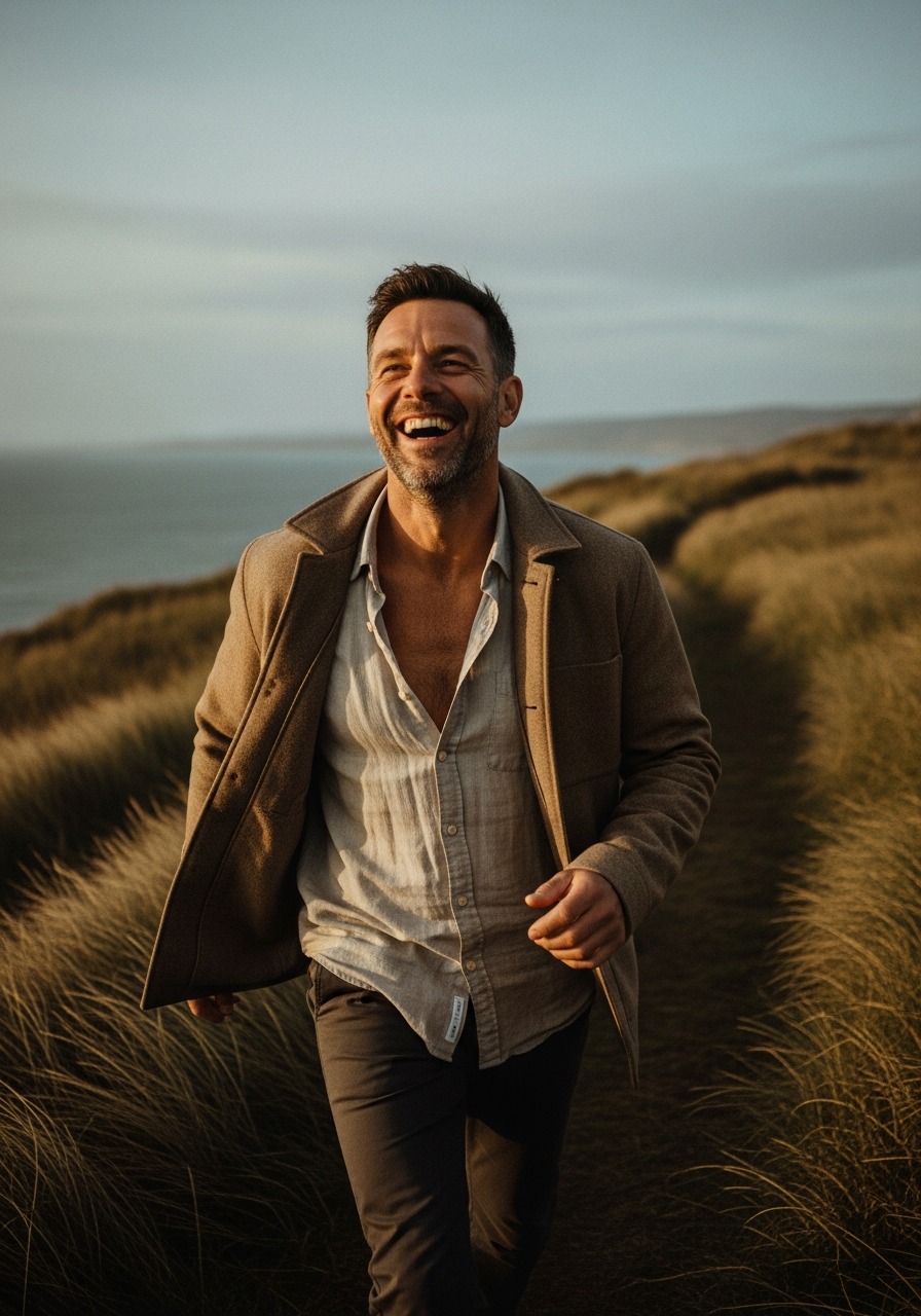 A man laughing as he walks a path through dune grass by the sea