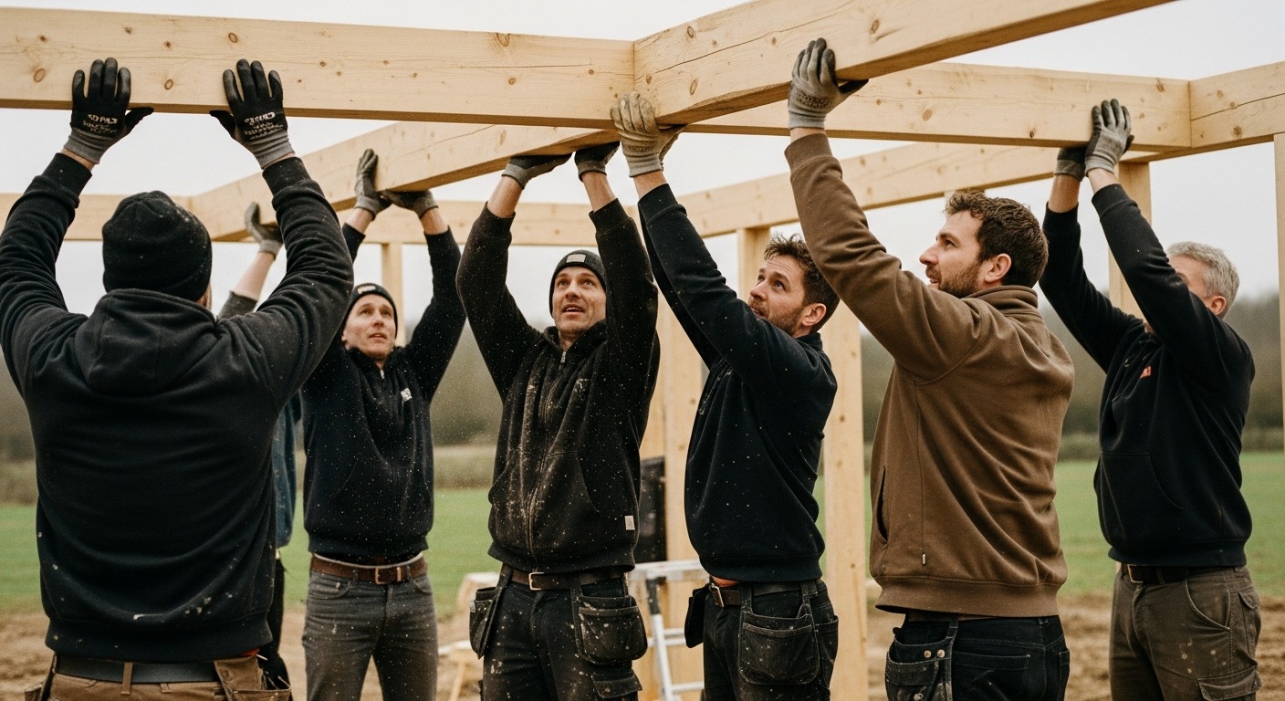 Six men lifting a timber beam into a frame together