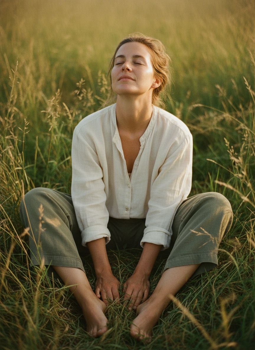 A woman standing with her eyes closed and a hand on her chest