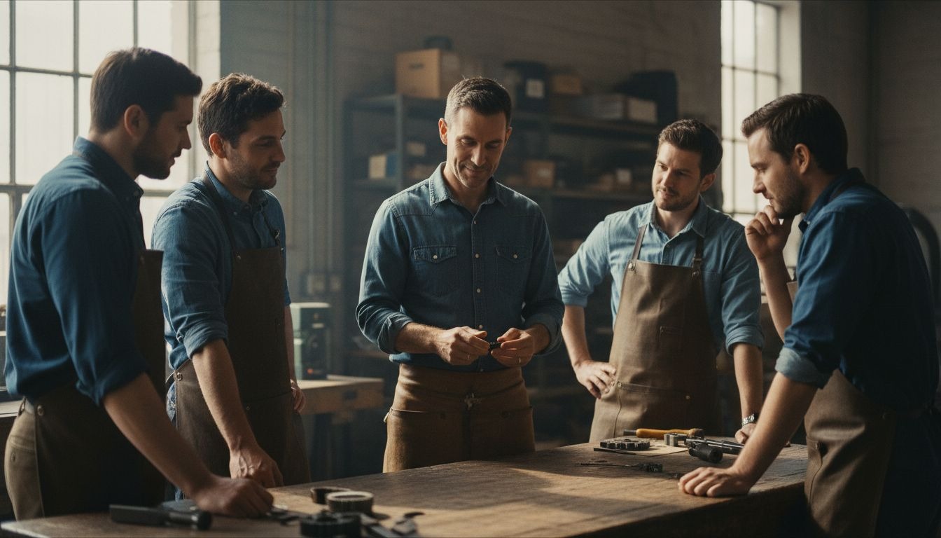 Four men sitting together by a fire at dusk