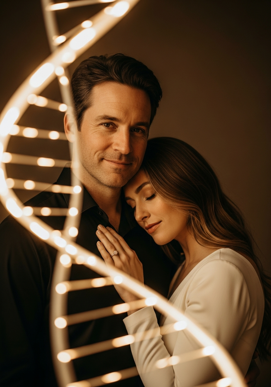 A couple embracing, encircled by rings of golden light