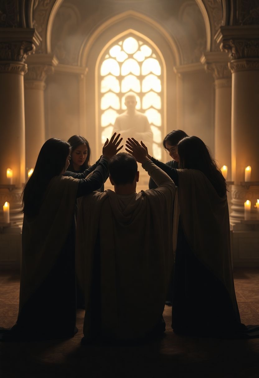 A man held by a circle of women in a temple room